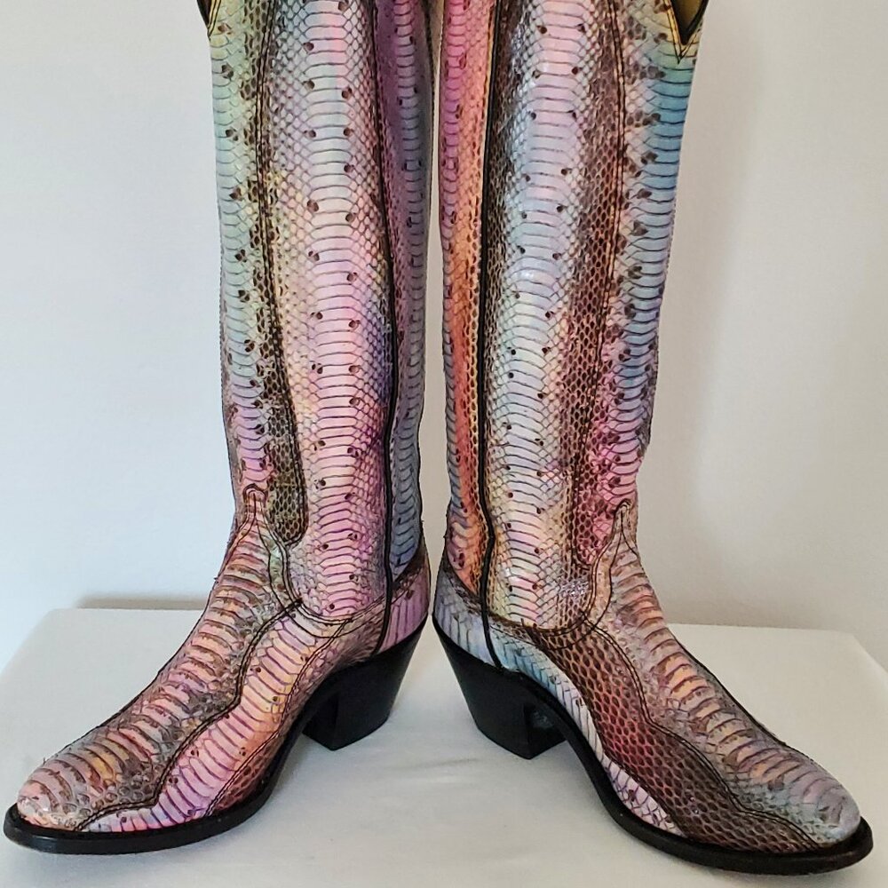 Cowgirl python snakeskin boots painted pink purple blue western rodeo equestrian - Picture 2 of 8